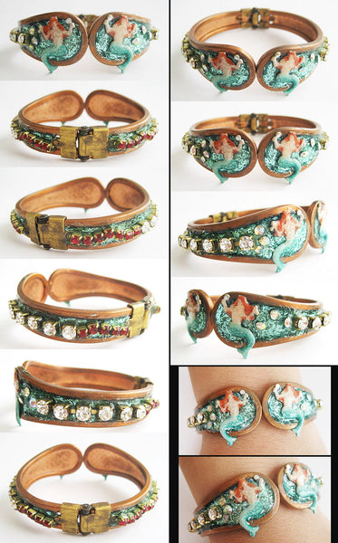 Rhinestone & Enamel Jeweled Mermaid Clamper Bracelet - Hollee