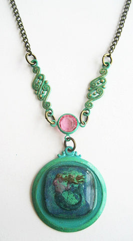 Glass Cabochon Reverse Carved Mermaid Pendant Necklace - Hollee