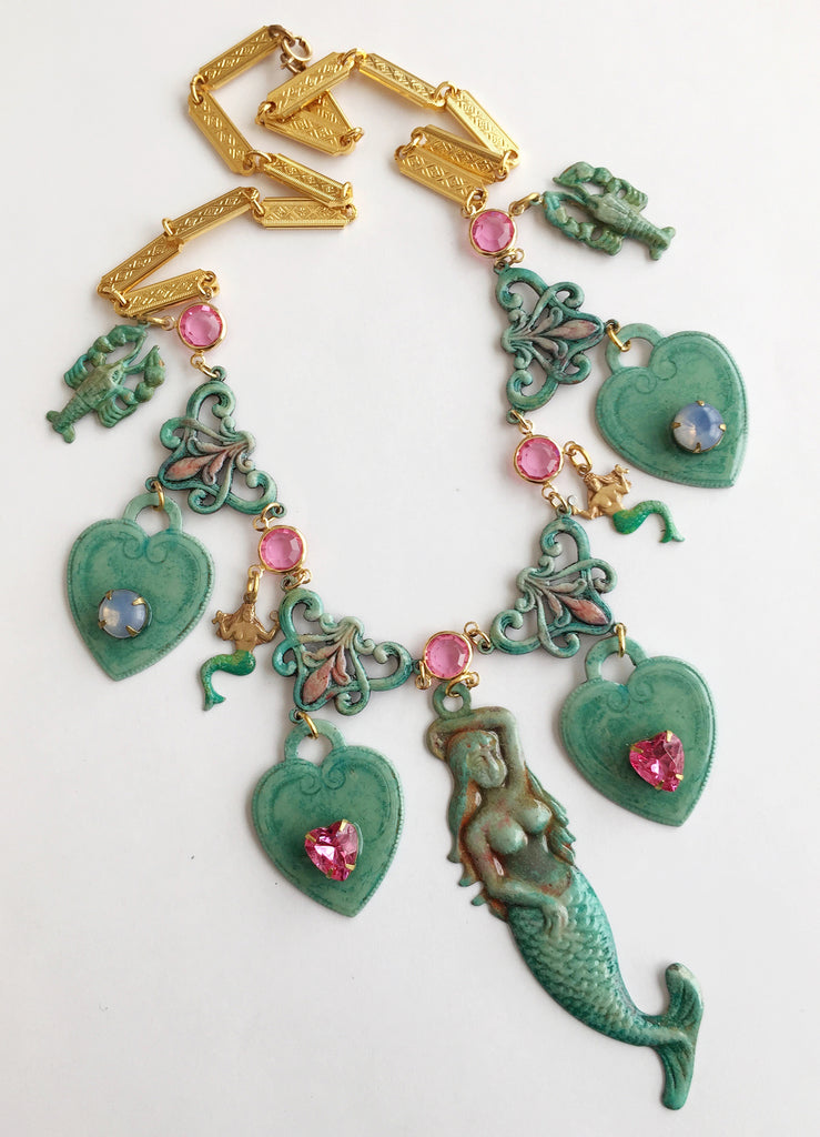 Ornate Enamel & Rhinestone Mermaid Runway Necklace - Hollee