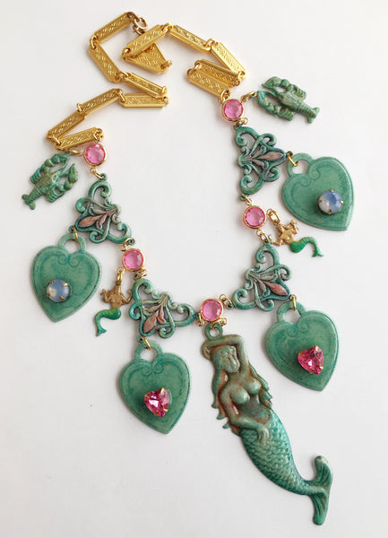 Ornate Enamel & Rhinestone Mermaid Runway Necklace - Hollee