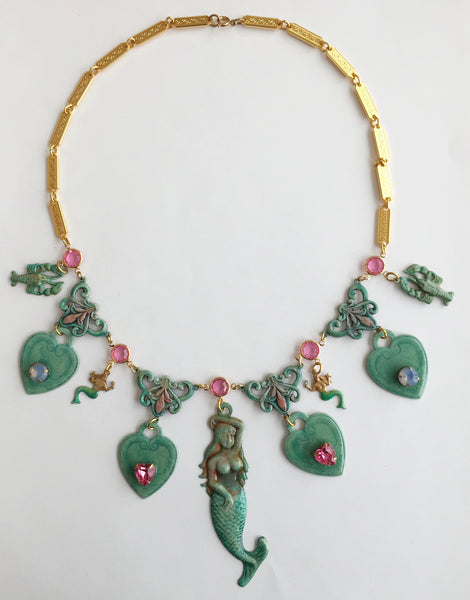 Ornate Enamel & Rhinestone Mermaid Runway Necklace - Hollee