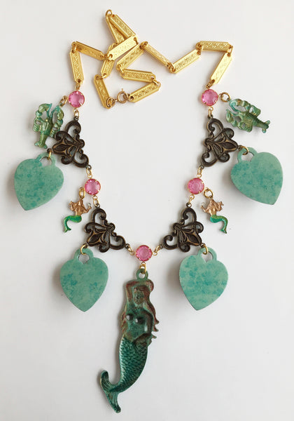 Ornate Enamel & Rhinestone Mermaid Runway Necklace - Hollee
