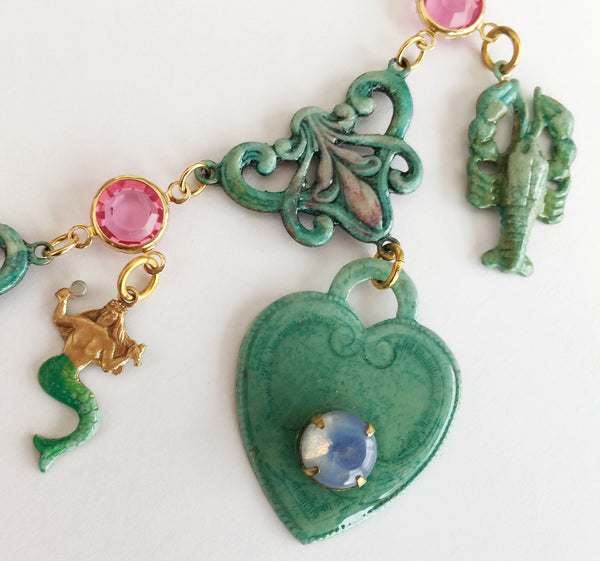 Ornate Enamel & Rhinestone Mermaid Runway Necklace - Hollee