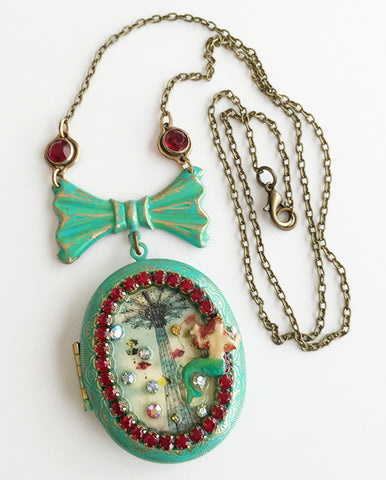 Coney Island Mermaid and Parachute Jump Rhinestone Locket Necklace - Hollee