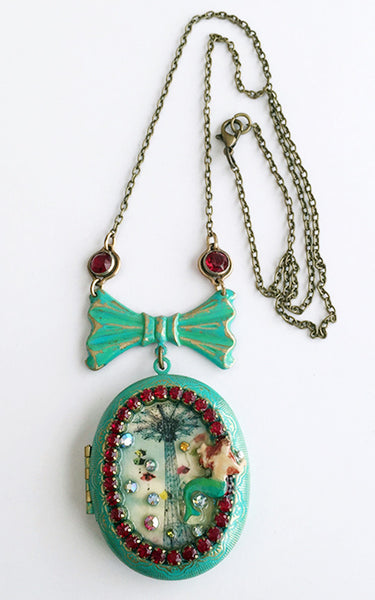 Coney Island Mermaid and Parachute Jump Rhinestone Locket Necklace - Hollee