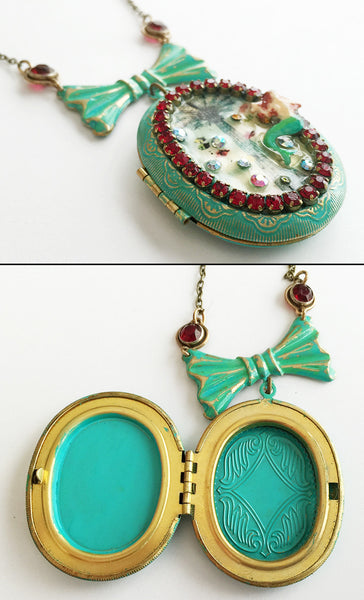 Coney Island Mermaid and Parachute Jump Rhinestone Locket Necklace - Hollee