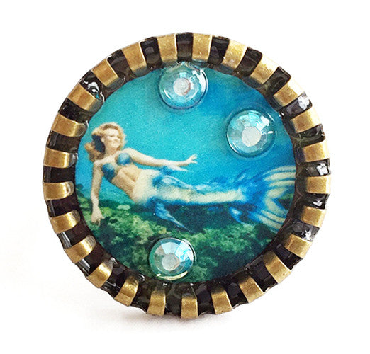 Weeki Wachee Blue Mermaid Adjustable Ring with Rhinestones v1 - Hollee