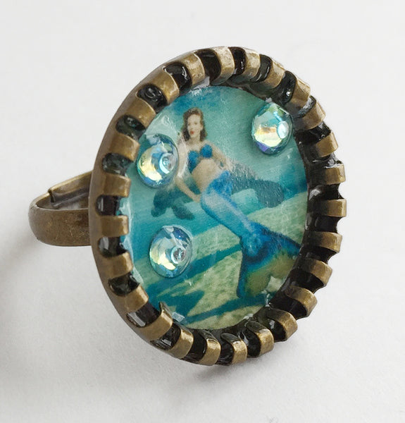 Weeki Wachee Blue Mermaid Adjustable Ring with Rhinestones v2 - Hollee
