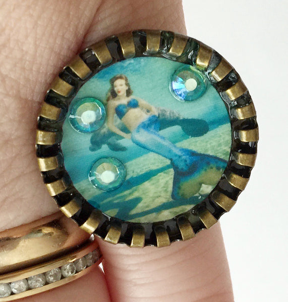 Weeki Wachee Blue Mermaid Adjustable Ring with Rhinestones v2 - Hollee