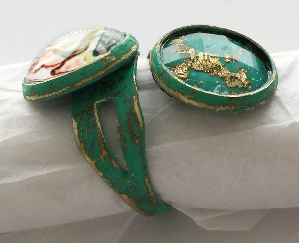 Glass Mermaid Cabochon Adjustable Wrap Ring v1 - Hollee