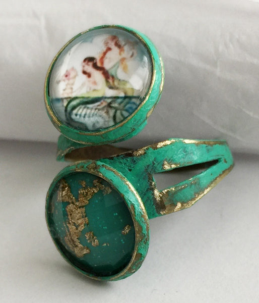 Glass Mermaid Cabochon Adjustable Wrap Ring v1 - Hollee