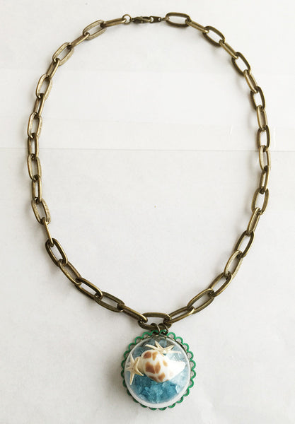 Mermaid’s Sea Glass Seashell Starfish in Glass Globe Pendant Necklace - Hollee