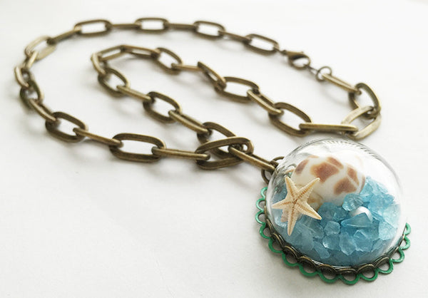 Mermaid’s Sea Glass Seashell Starfish in Glass Globe Pendant Necklace - Hollee