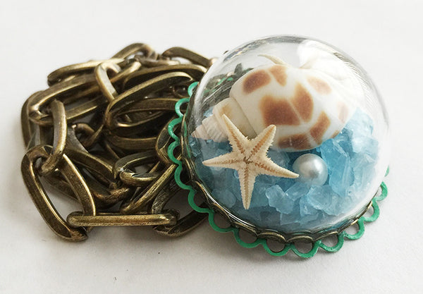 Mermaid’s Sea Glass Seashell Starfish in Glass Globe Pendant Necklace - Hollee