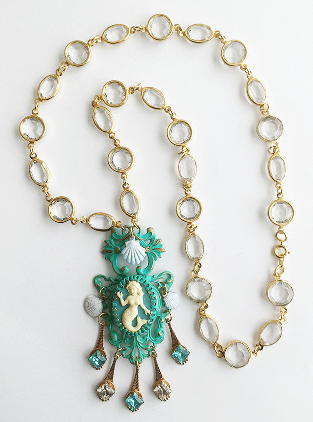 Turquoise Enamel Mermaid Cameo Pendant Necklace with Crystal Bezel Chain - Hollee