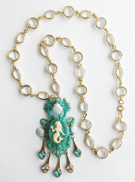 Turquoise Enamel Mermaid Cameo Pendant Necklace with Crystal Bezel Chain - Hollee
