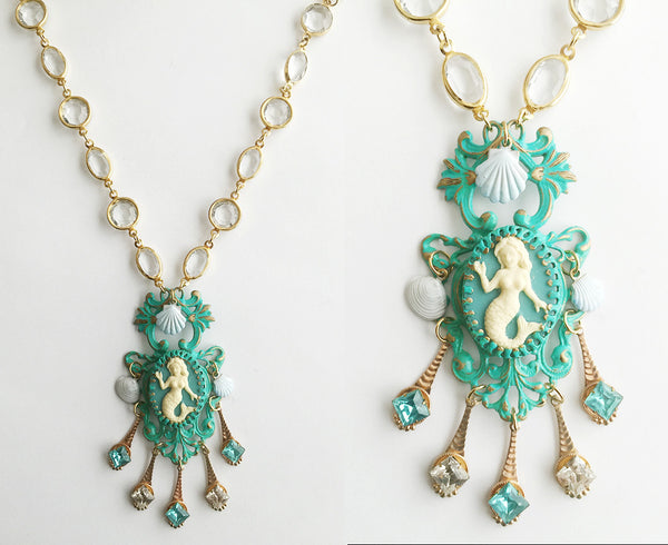 Turquoise Enamel Mermaid Cameo Pendant Necklace with Crystal Bezel Chain - Hollee