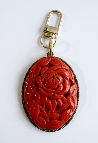 Vintage Large Molded Coral Plastic Flower & Leaves Bag Charm