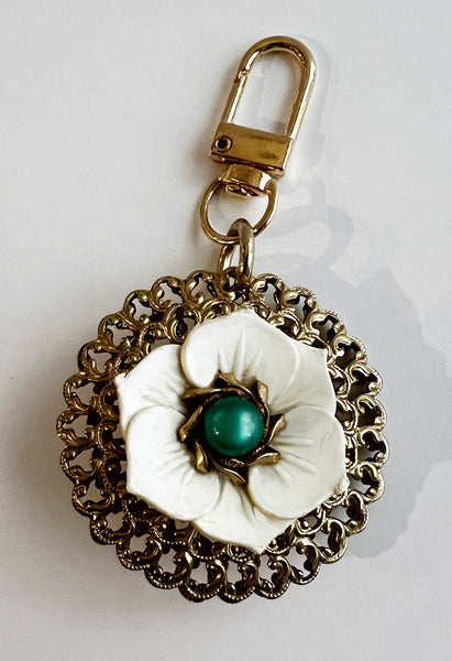 Vintage Filigree and White Petals Flower Bag Charm