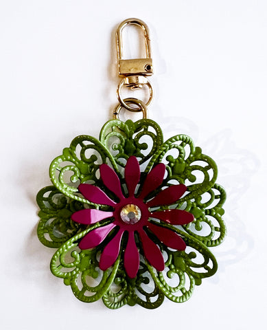 Vintage Pink and Green Filigree Flower Bag Charm