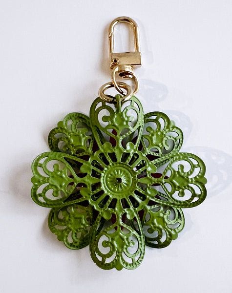 Vintage Pink and Green Filigree Flower Bag Charm