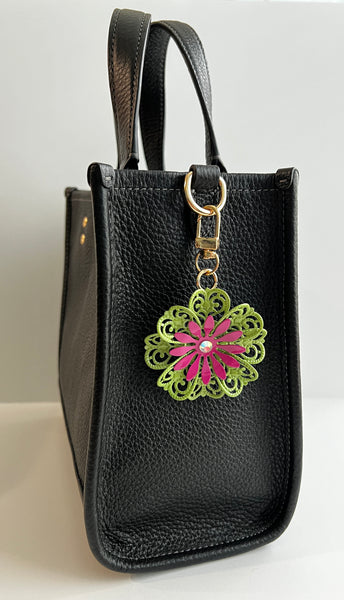 Vintage Pink and Green Filigree Flower Bag Charm