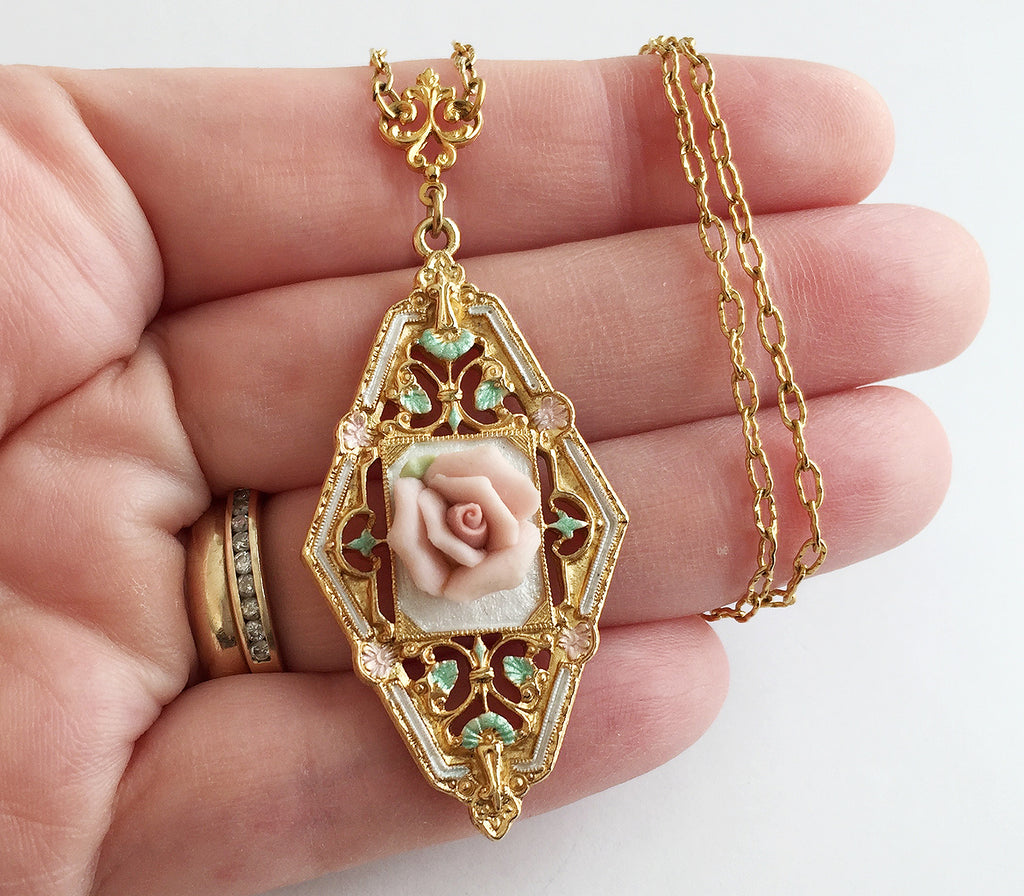 1928 Jewelry Women's Porcelain Rose Necklace - Vintage Style Pendant With Faux Pearls & Crystal Accents, 17 Inch