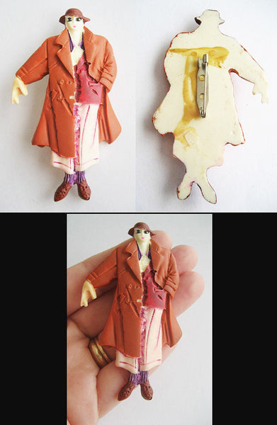 Vintage Plastic Figural Woman Pin 1980's in Trench Coat & Hat - Hollee