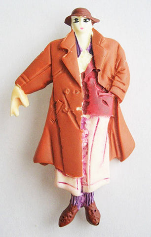 Vintage Plastic Figural Woman Pin 1980's in Trench Coat & Hat - Hollee