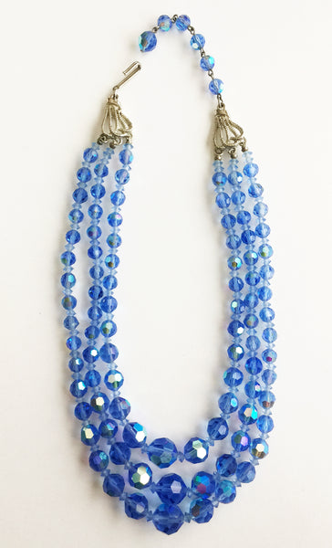 Vintage Three Strand Blue Faceted Crystal Bead Necklace - Hollee