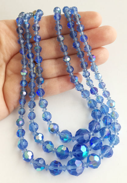 Vintage Three Strand Blue Faceted Crystal Bead Necklace - Hollee