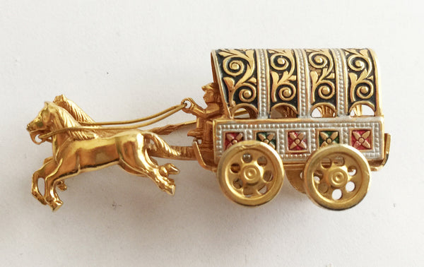 Vintage Damascene Covered Wagon and Horses Pin - Hollee