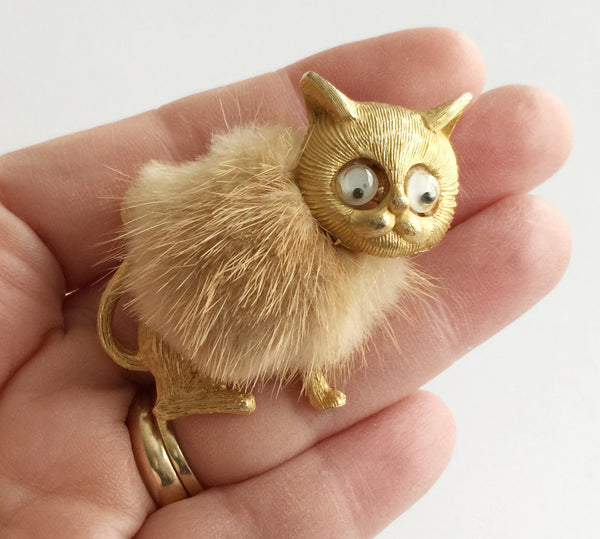 Vintage Kitty Cat Pin with Real Fur and Googly Eyes - Hollee