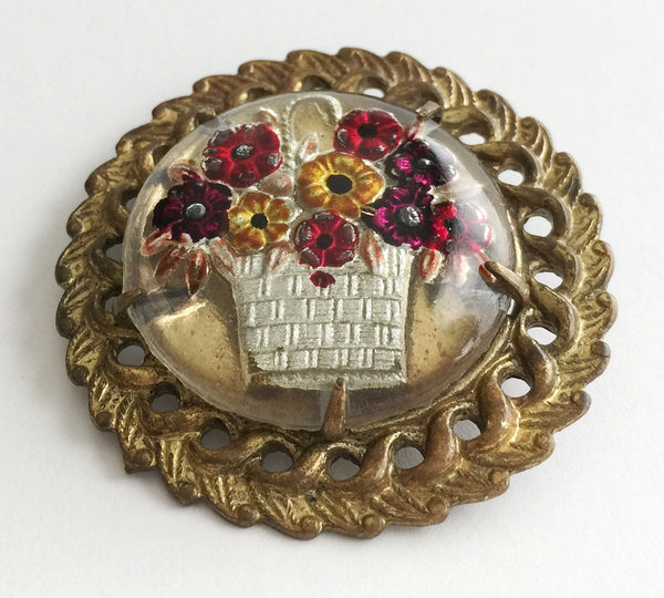 Vintage Reverse Carved Goofus Glass Flower Basket Pin - Hollee