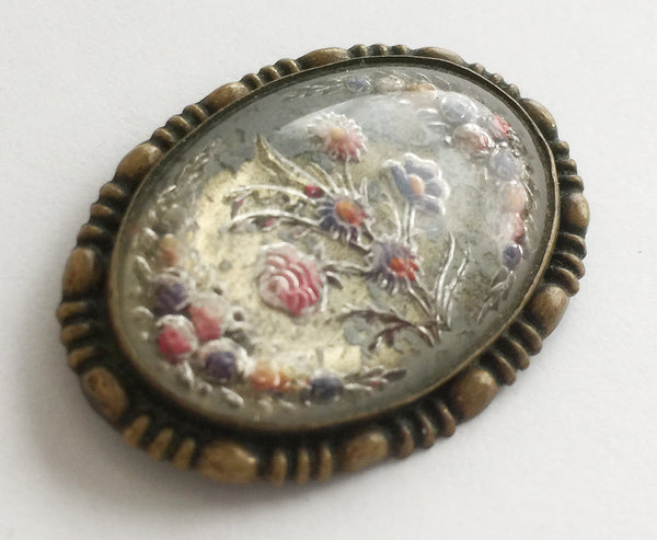 Vintage Reverse Carved Goofus Glass Flower Pin - Hollee