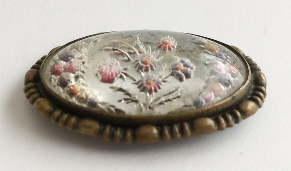 Vintage Reverse Carved Goofus Glass Flower Pin - Hollee