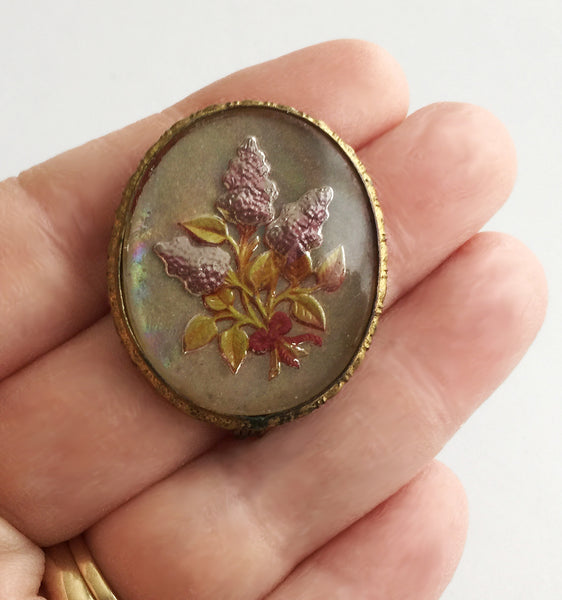 Vintage Reverse Carved Goofus Glass Lilac Flower Pin - Hollee