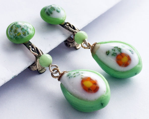 Vintage Green & White Japan Glass Drop Clip Earrings - Hollee