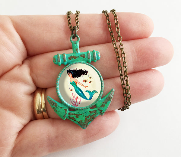 Mermaid Cabochon & Anchor Pendant Necklace - Hollee