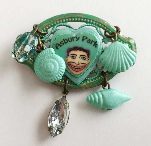 Asbury Park NJ Tillie Face Souvenir Filigree Pin with Seashells - Hollee