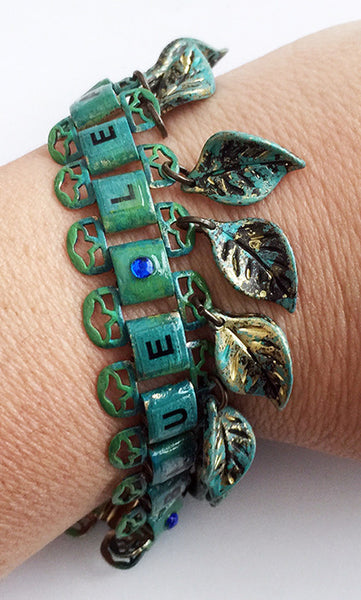 Dangling Blue Leaves Enamel & Bookchain Bracelet with Rhinestones - Hollee
