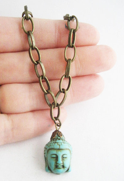 Turquoise Blue Howlite Buddha Charm Bracelet - Antiqued Gold - Hollee