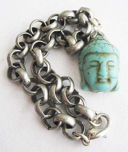 Turquoise Blue Howlite Buddha Silvertone Charm Bracelet - Hollee