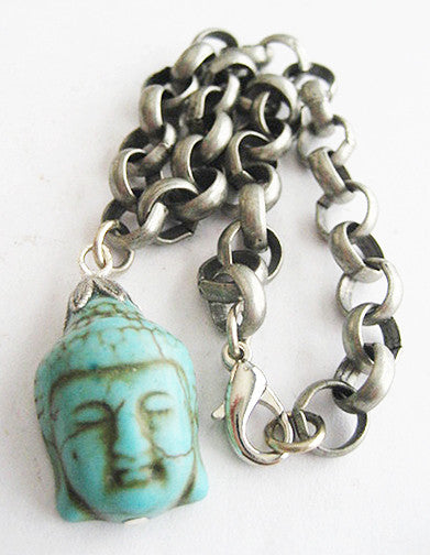Turquoise Blue Howlite Buddha Silvertone Charm Bracelet - Hollee
