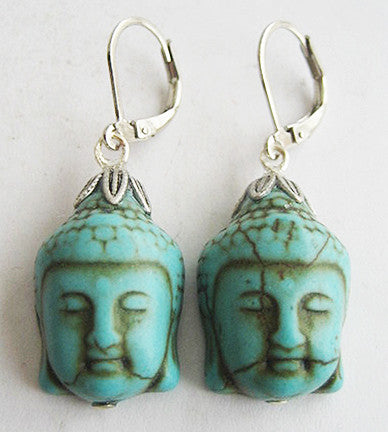 Turquoise Blue Howlite Buddha Silvertone Drop Earrings - Hollee