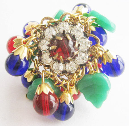 Ruby Red & Cobalt Blue Bead with Jade Glass Leaves Gypsy Ring - Hollee