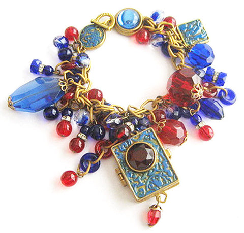 Cobalt and Ruby Glass Charm Bracelet with Ornate Locket & Key - Hollee