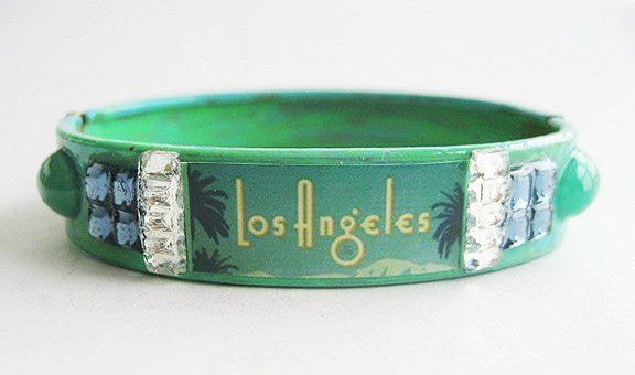 Los Angeles California Souvenir Palm Tree & Rhinestone Bangle Bracelet - Hollee