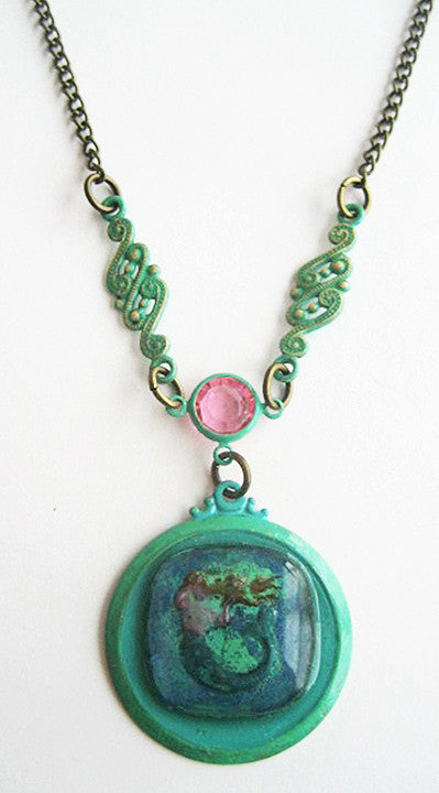 Glass Cabochon Reverse Carved Mermaid Pendant Necklace - Hollee