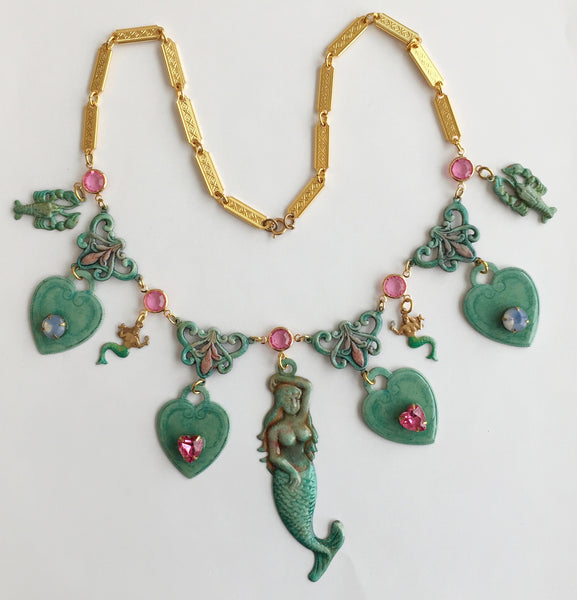 Ornate Enamel & Rhinestone Mermaid Runway Necklace - Hollee